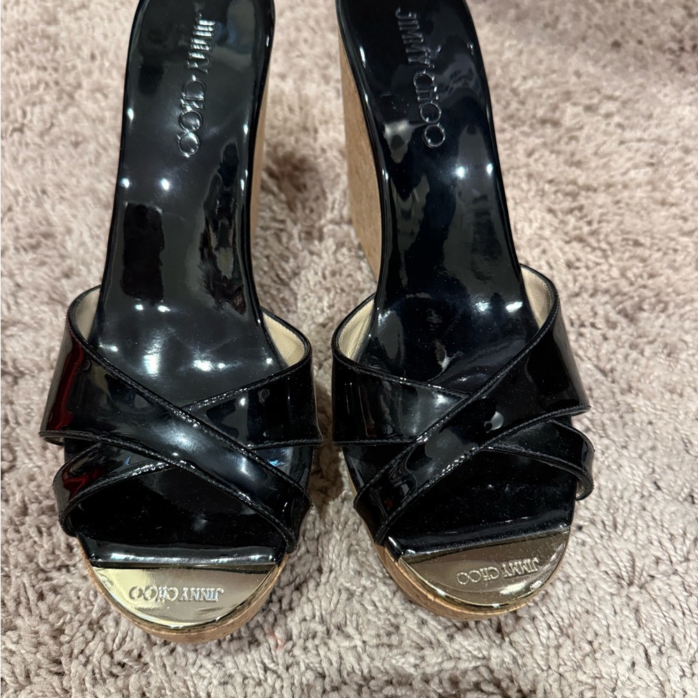Jimmy Choo Glossy Black Wedge Sandals